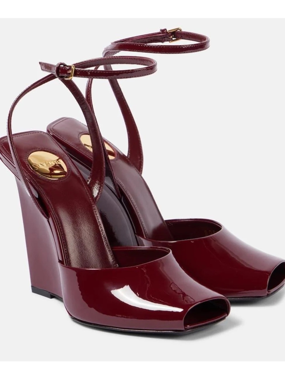 Saint Laurent Burgundy Patent Orhand peep toe wedge